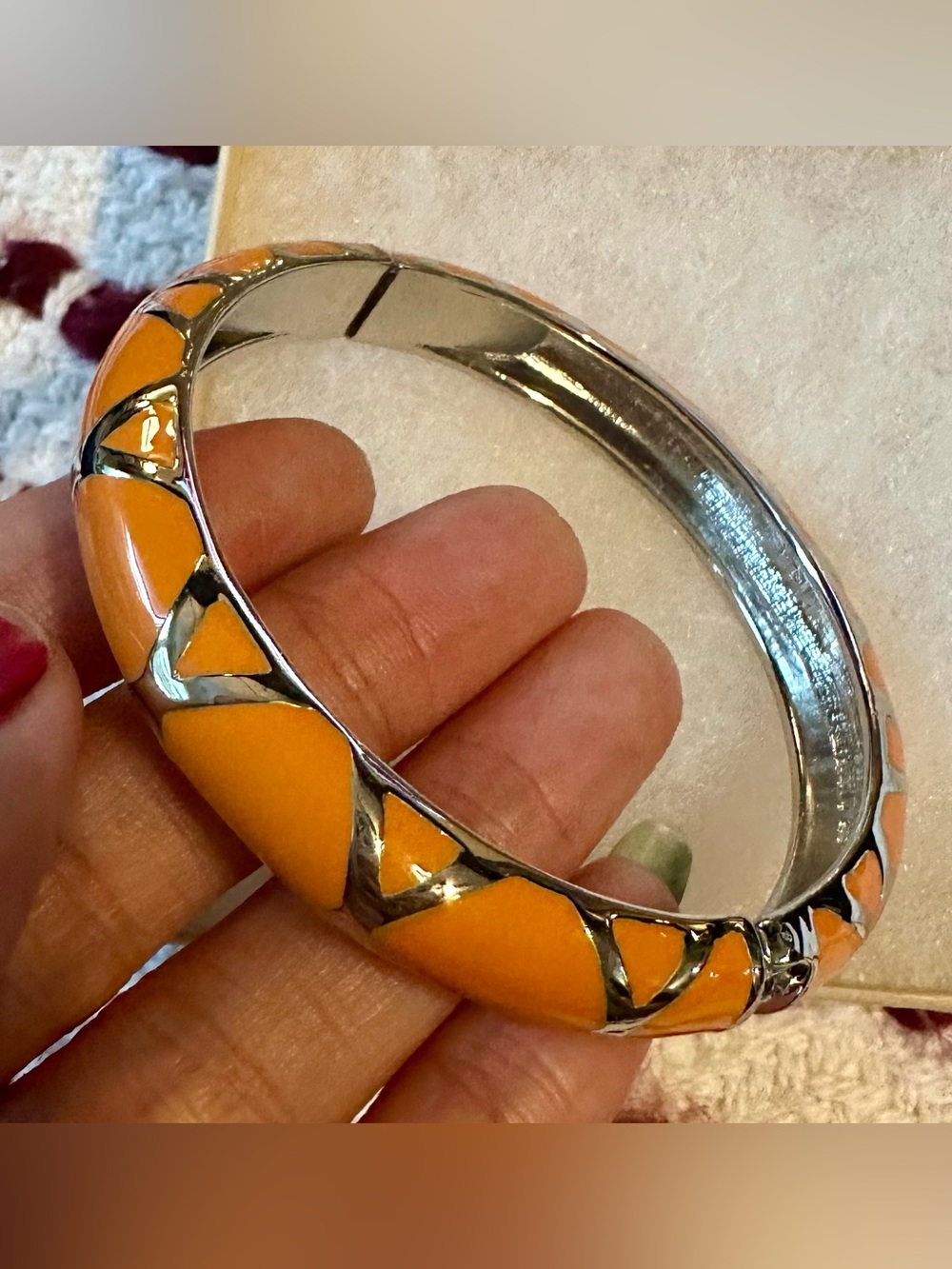 Sequin Orange Enamel Silver-Tone crossed Bangle hinged Bracelet NIB